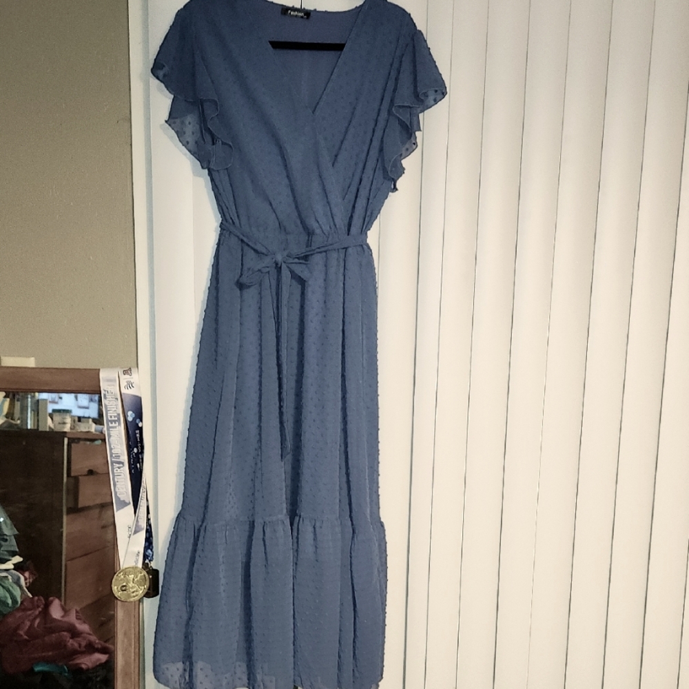 Steel Blue Maxi Dress With Ruffle Sleeves & Raised Polkadot Pattern XXL